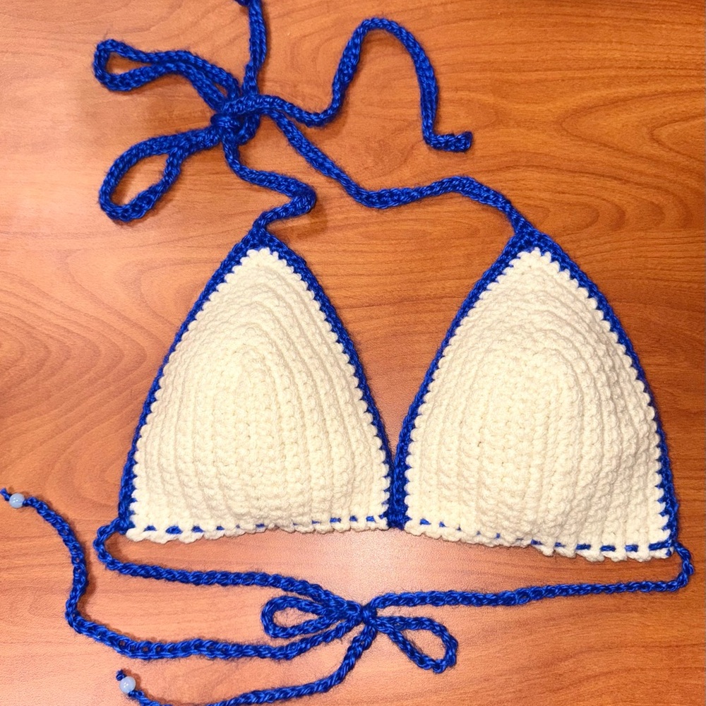 Handmade Crochet Bikini Top with Blue Trim